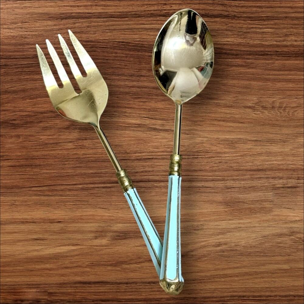 Vintage Serving Spoon & Fork Set Gold Tone Brass Handles MCM Hollywood Regency